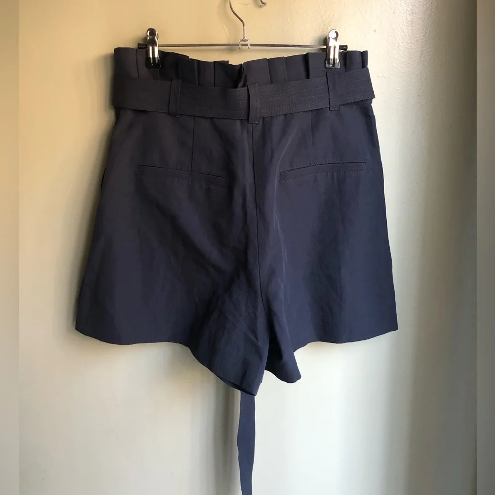 ULLA JOHNSON Iris Pleated Cotton Linen Silk Bend Shorts Midnight Blue Size: 8